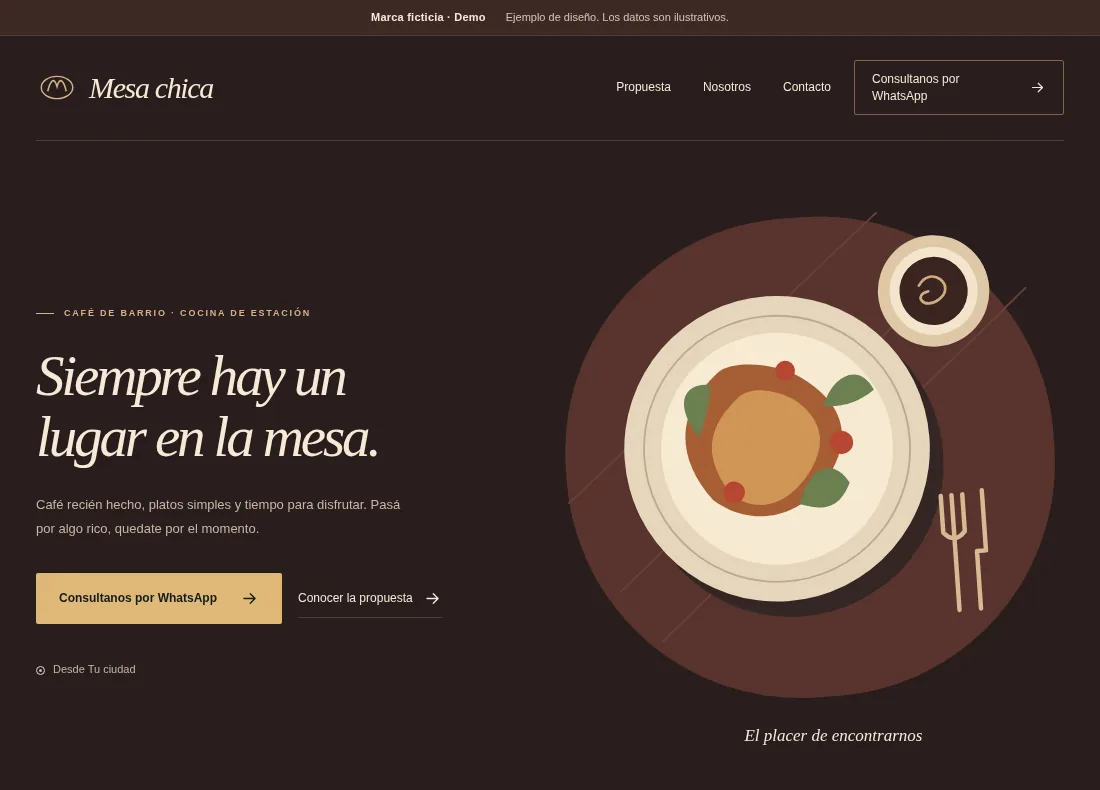 Página Mesa chica: diseño oscuro, tipografía expresiva e ilustración gastronómica